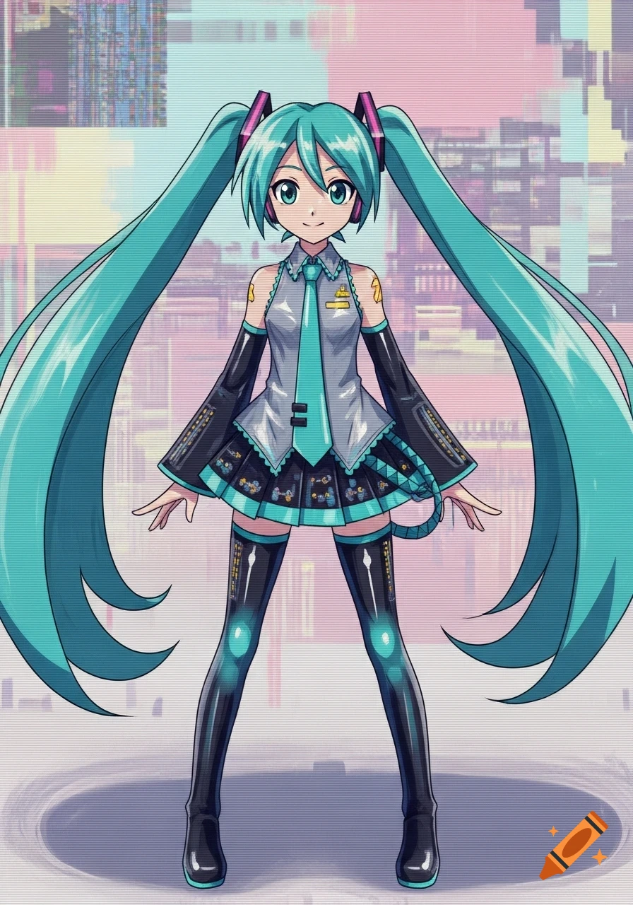 Hatsune Miku in her signature outfit, standing against a retro glitch art background with horizontal lines.