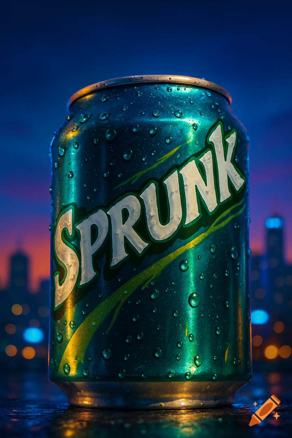 A cold can of Sprunk soda, covered in condensation, with a blurry city skyline at dusk in the background. Photorealistic.