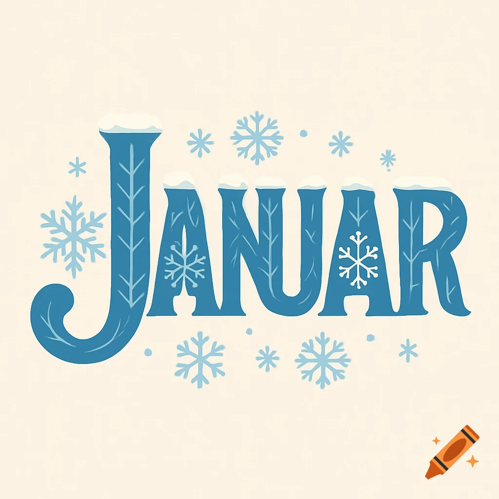 Blue stylized word 'JANUAR' adorned with white snow and snowflakes, on a light cream background.