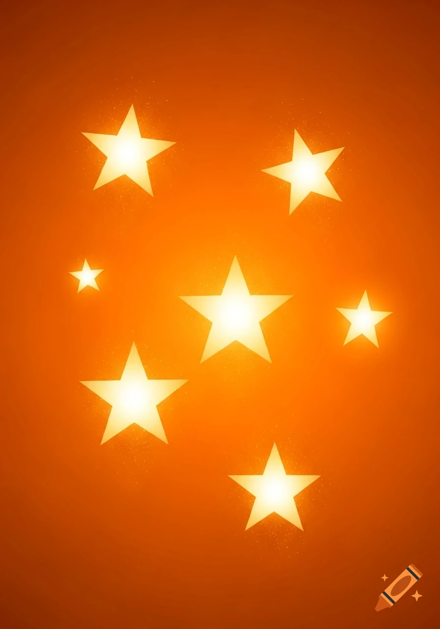 Seven glowing white stars against an orange background.