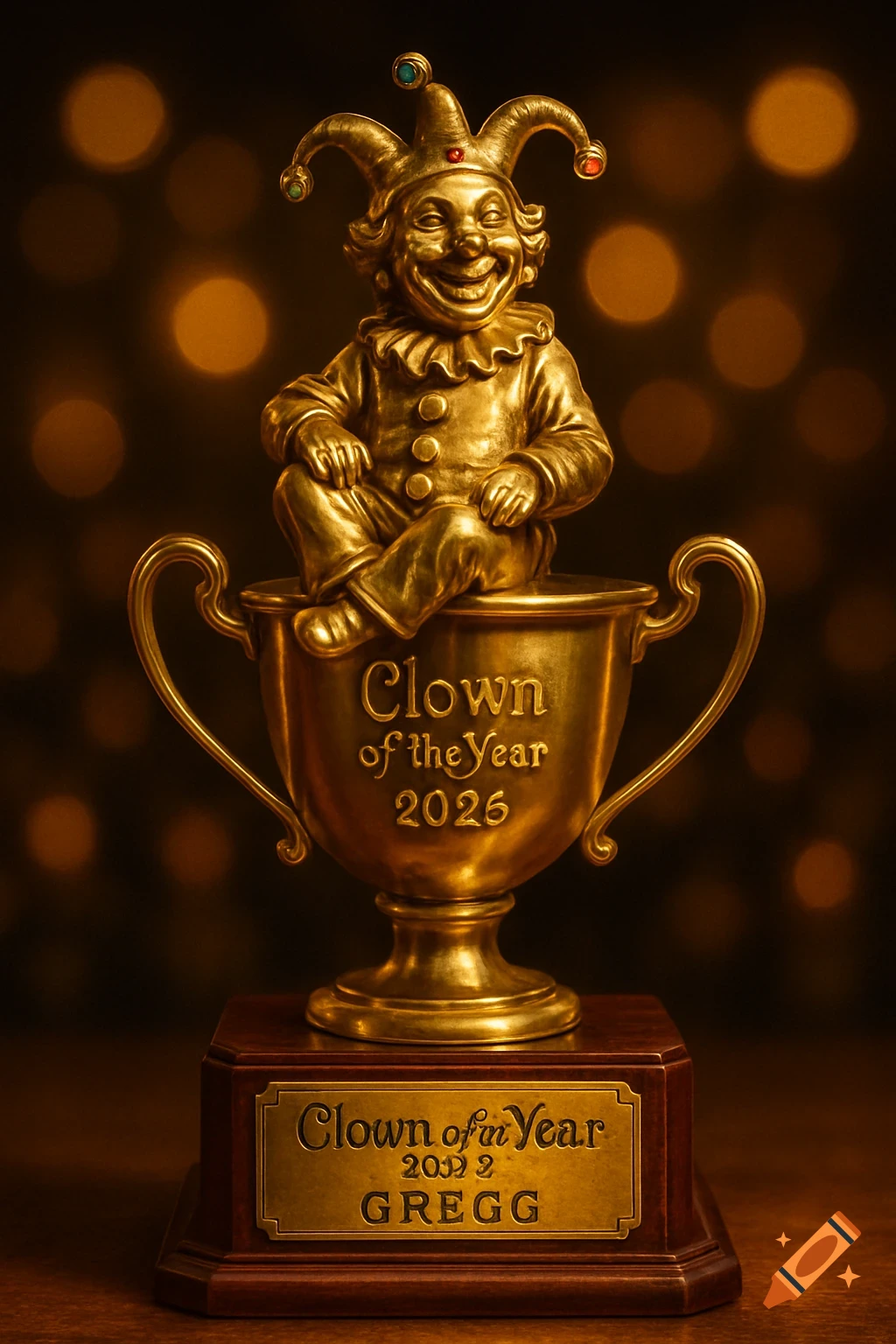 Photorealistic golden trophy featuring a grinning clown figurine on top of a cup, with "Clown of the Year 2026" on the cup and "Clown of the Year 2032 GREGG" on the wooden base.