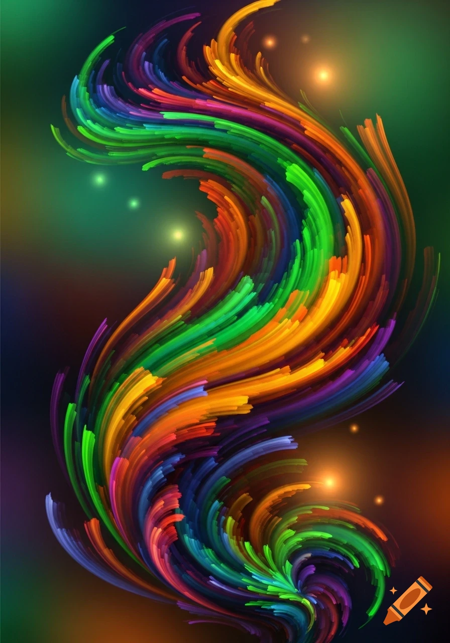 A vibrant, swirling abstract design made of colorful brushstrokes against a dark, glowing background.