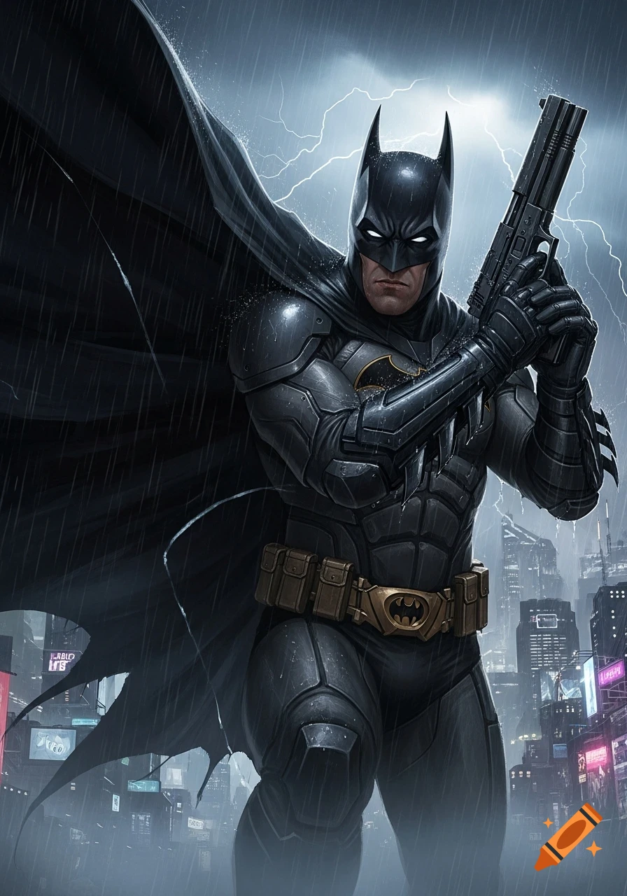 Batman in an armored suit stands in a rainy, lightning-filled city, holding a gun, in a comic book art style.