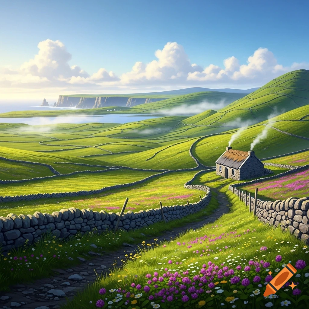 Vibrant, stylized landscape of green rolling hills, winding stone walls, a quaint cottage, and wildflowers under a bright blue sky.