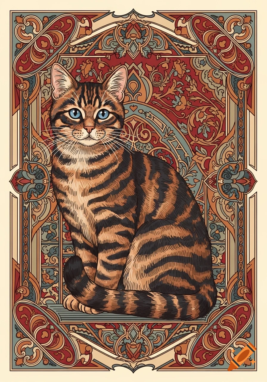 An illustrated tabby cat with blue eyes sits within an ornate, colorful decorative frame in doppeldeutsche karten style.