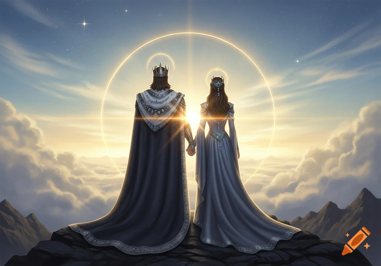 A majestic king and queen in royal attire stand on a mountaintop, holding hands and facing a golden sunrise with halos.