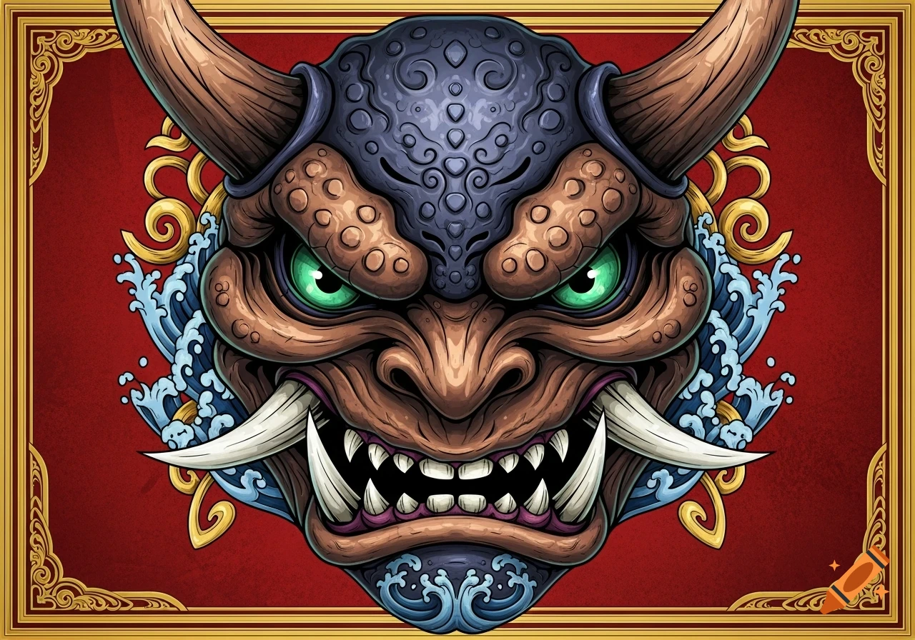 A vibrant, detailed illustration of an Oni mask with brown skin, blue-grey helmet, glowing green eyes, and white tusks, set against a red background with a gold frame.