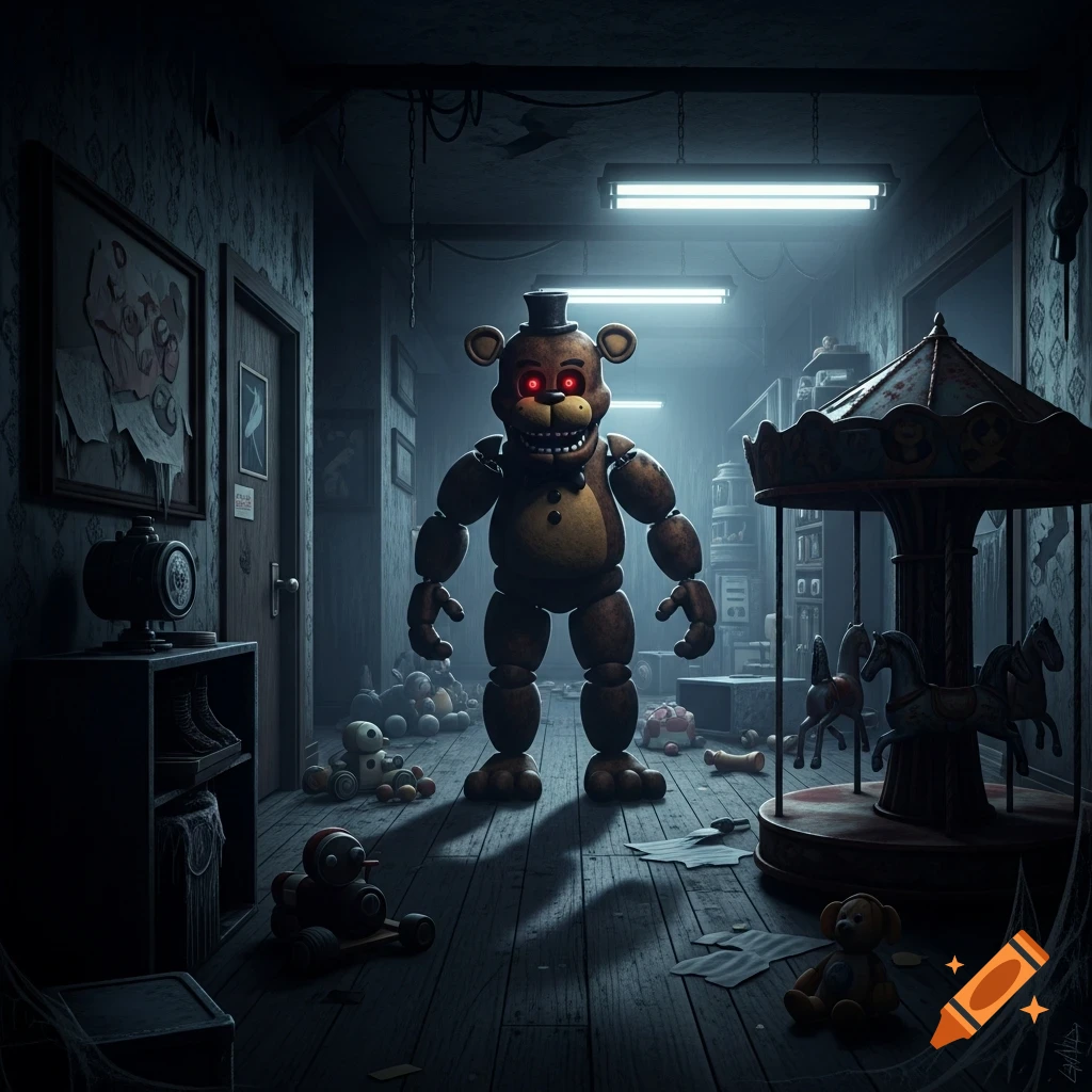 Freddy Fazbear with red eyes stands in a dark, abandoned hallway surrounded by old toys and a carousel, creating a sinister atmosphere.