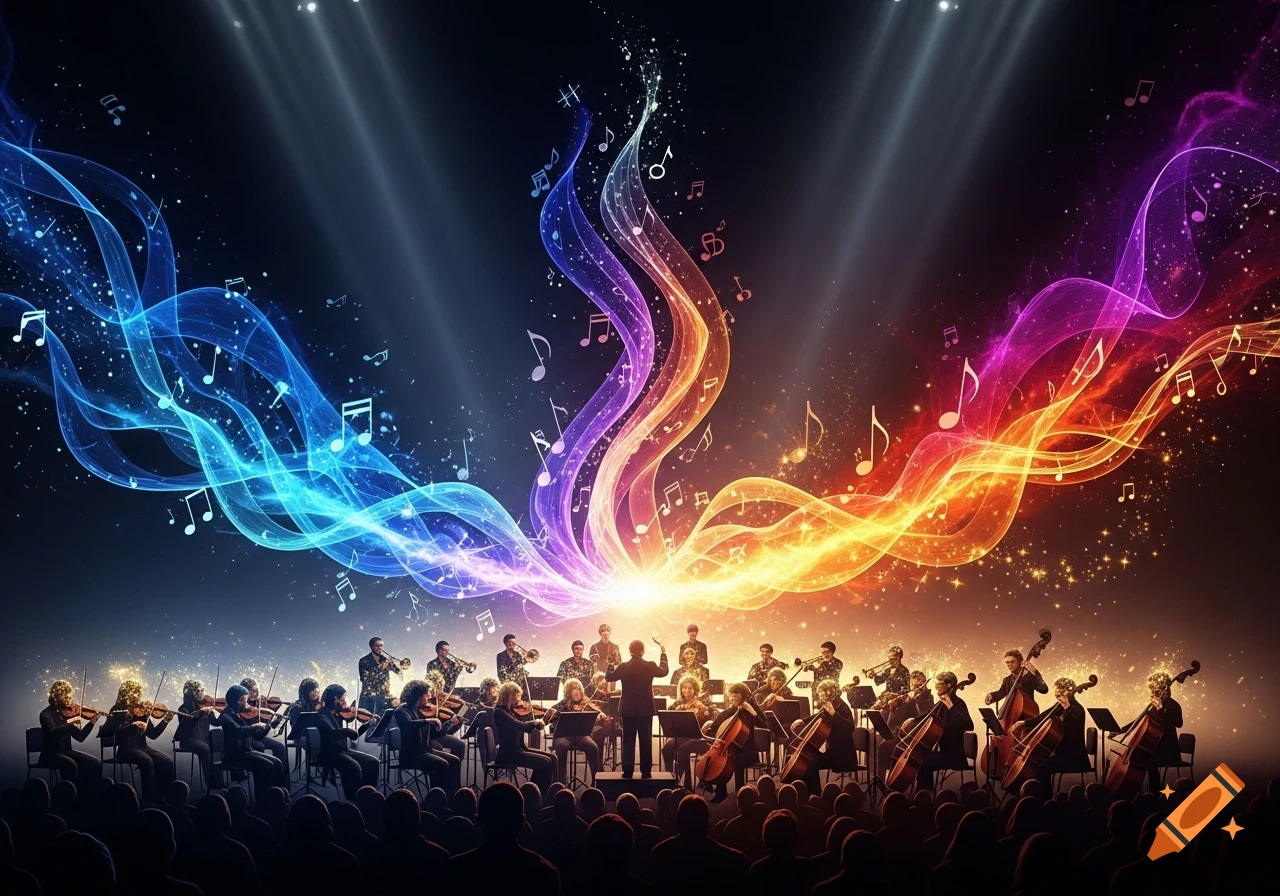 An orchestra performs on stage, surrounded by swirling, colorful light trails and floating musical notes. An audience watches.