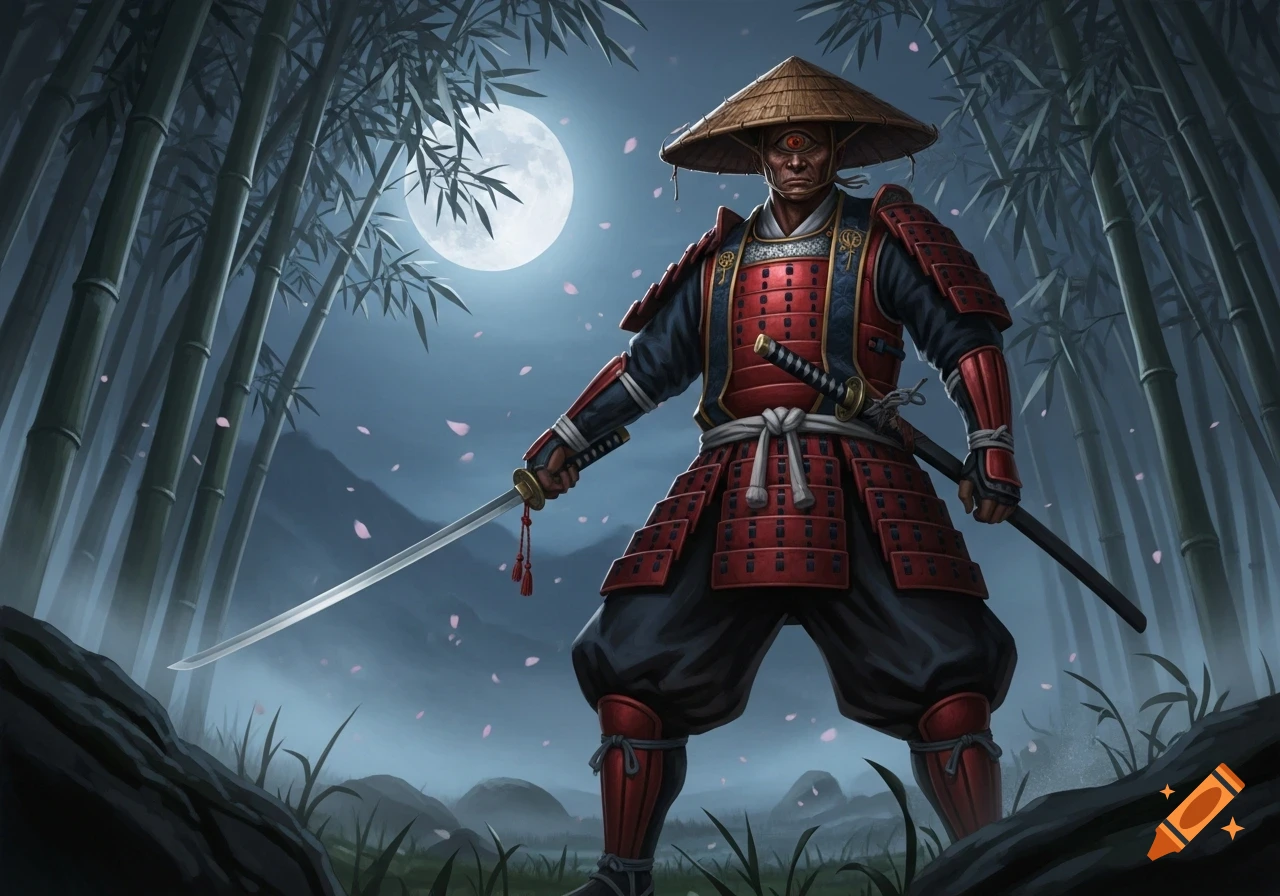 A cyclops samurai in red armor stands in a bamboo forest under a full moon, holding a katana as cherry blossoms fall.