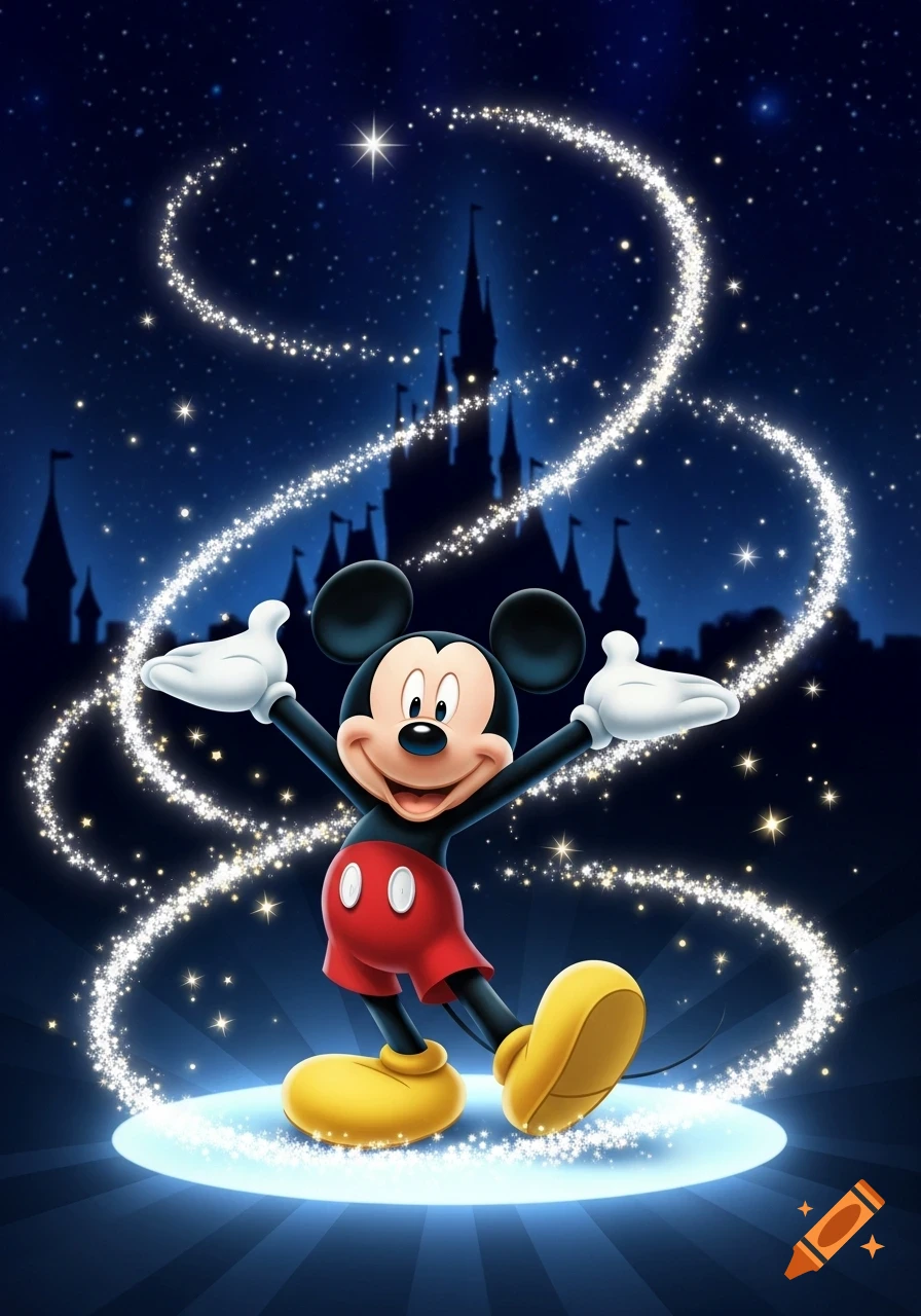Mickey Mouse smiles with arms open under a starry night sky with a castle silhouette, surrounded by sparkling magic and a glowing platform.