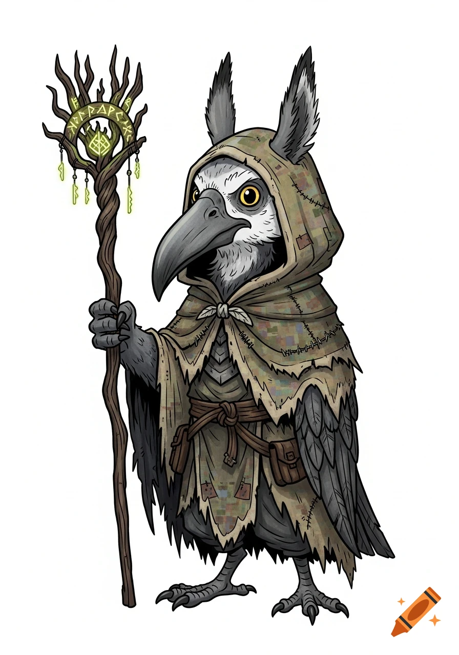 A cartoon Kenku character with a long gray beak wears a tattered cloak and holds a glowing, runic staff.