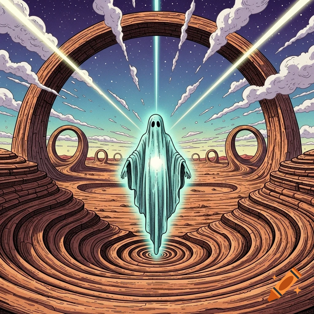 A glowing white ghost floats above a patterned desert ground with surreal organic structures and a starry sky, in a graphic style.