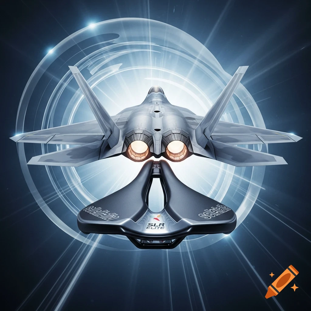 Rear view of a grey fighter jet with glowing engines above a black bicycle saddle, against a blue, circular light effect background.