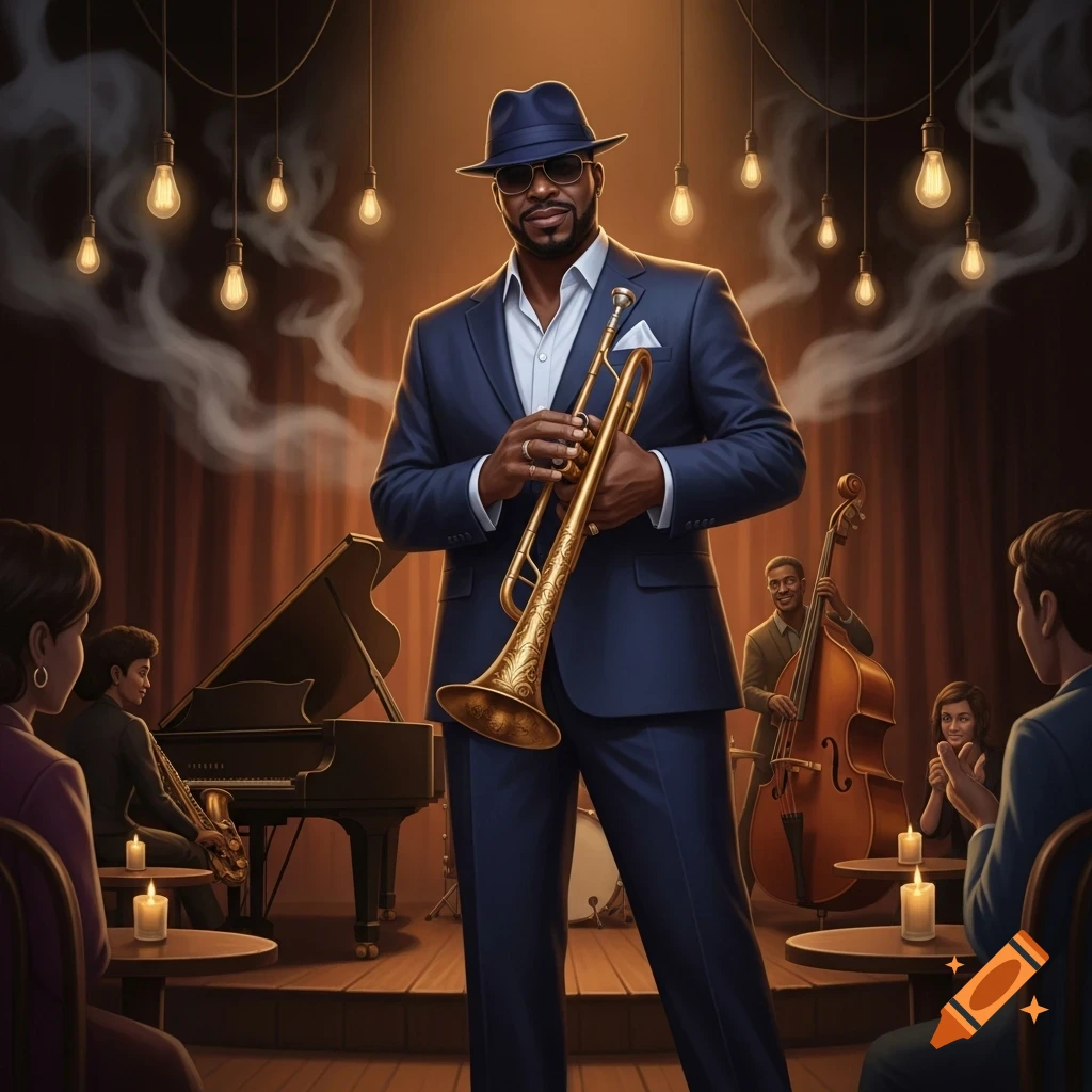 A man in a suit and hat holds a trumpet on a jazz club stage with other musicians and audience members in a photorealistic style.