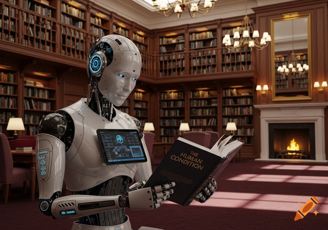 A realistic robot with glowing blue eyes sits in a grand library, reading a book titled 'THE HUMAN CONDITION' while displaying data on a chest screen.