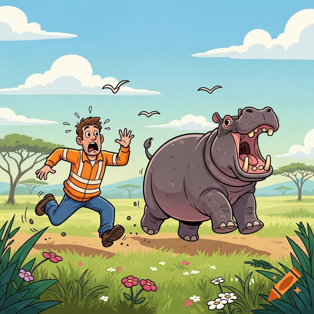Cartoon illustration of a frightened man in high-visibility clothing running away from a roaring hippopotamus in a savanna.
