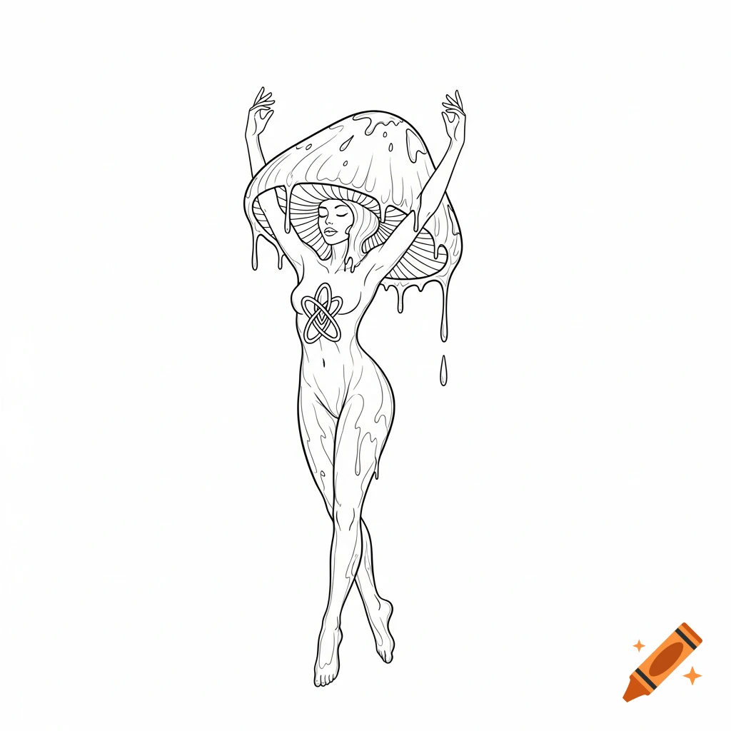 Minimalist line art tattoo design of a female figure with a dripping mushroom cap and a witch's knot on her torso.