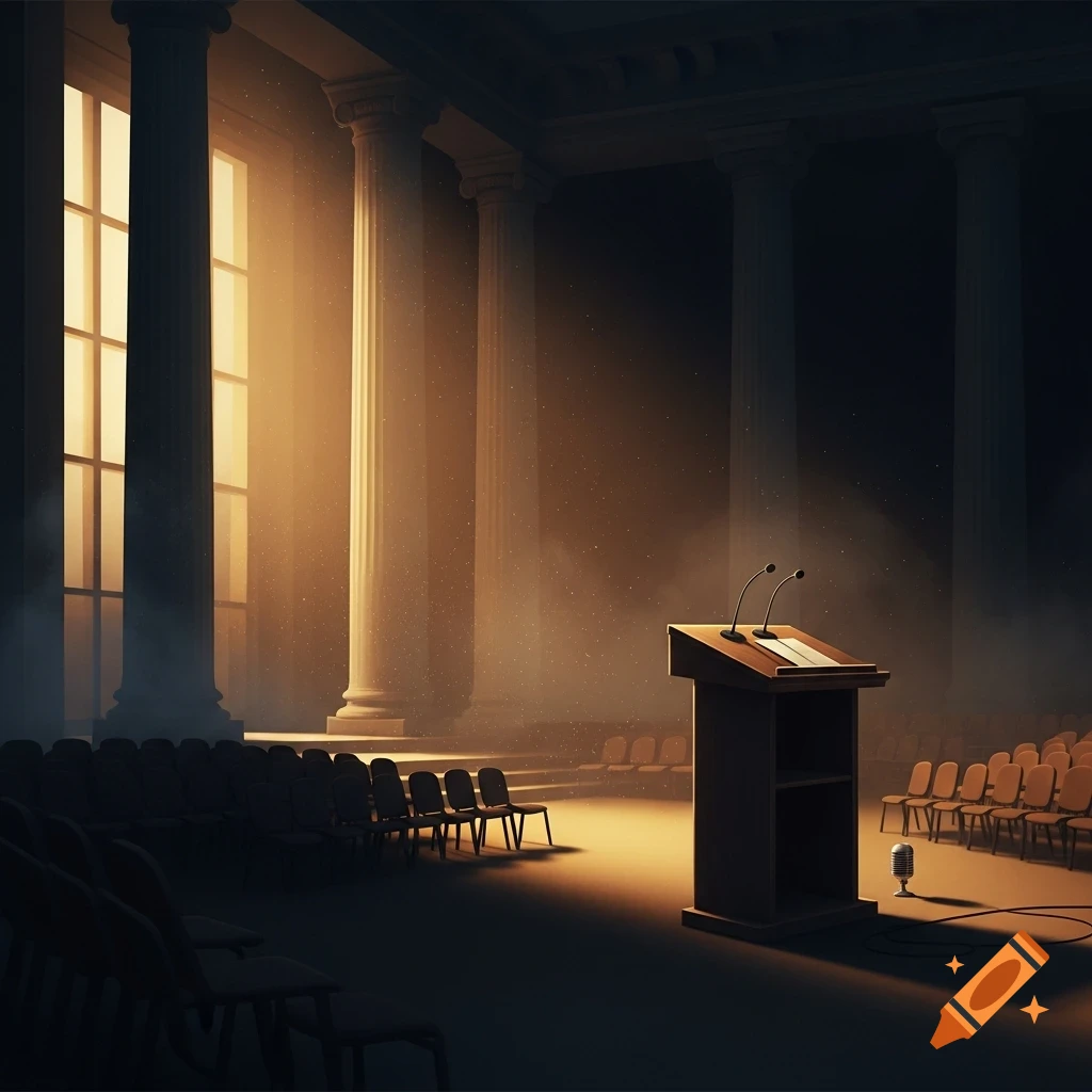 A dramatically lit, empty classical hall with a podium, microphones, and rows of chairs, bathed in golden light from tall windows.