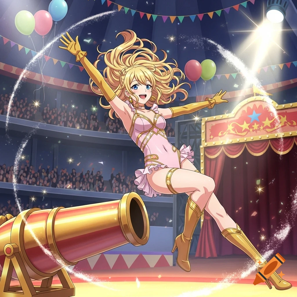 An anime woman with long blonde hair and blue eyes, wearing a pink leotard and gold boots, is mid-air above a golden cannon in a brightly lit circus tent, with a crowd watching.