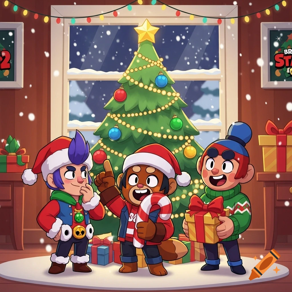 Three cartoon characters from Brawl Stars in Santa hats celebrating Christmas around a decorated tree with gifts, as snow falls outside a window.