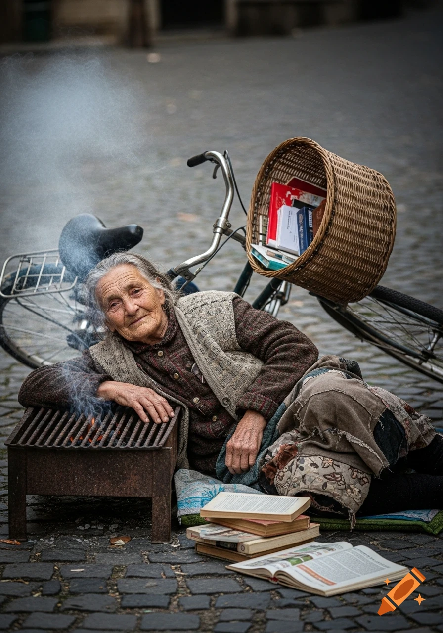 Elderly woman with grey hair lies on a cobblestone street, leaning on a smoking grill, with books and a bicycle nearby. Photorealistic.