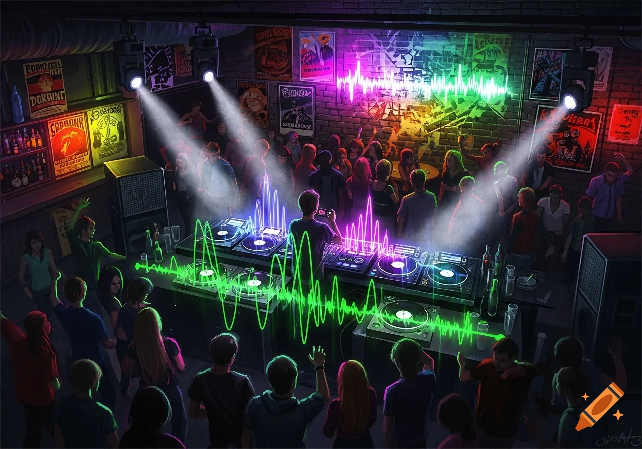 An illustrated scene of a DJ performing at a crowded techno bar with glowing green and purple sound waves and spotlights.