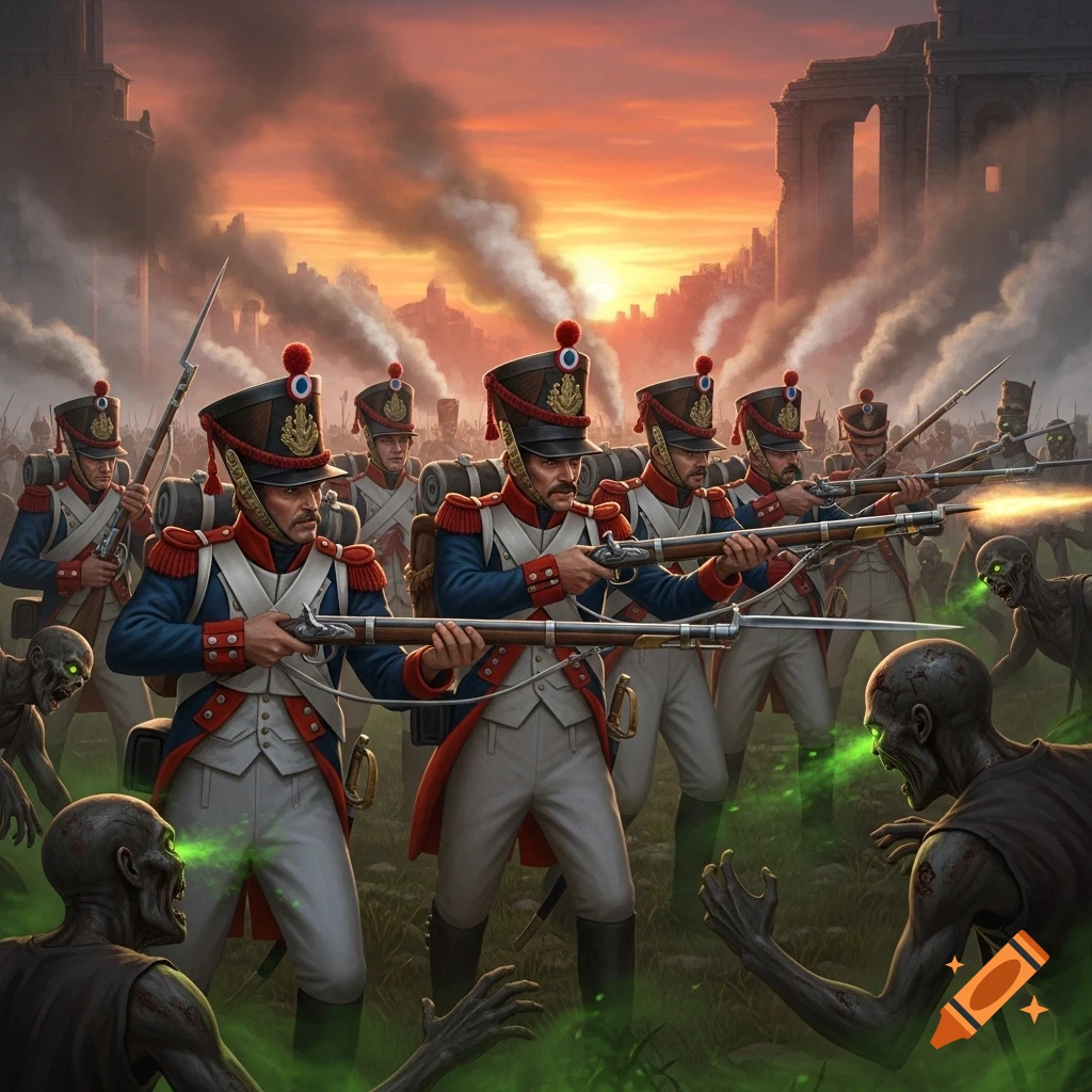 French Napoleonic soldiers in uniform battle green-eyed zombies amidst burning ruins at sunset, with smoke and muzzle flashes.