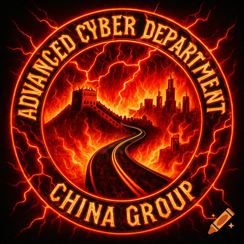 A circular, red and gold emblem with an electrified font. It reads 'ADVANCED CYBER DEPARTMENT' at the top and 'CHINA GROUP' at the bottom. The center features a winding road leading to the Great Wall and a city skyline amidst red lightning and flames.