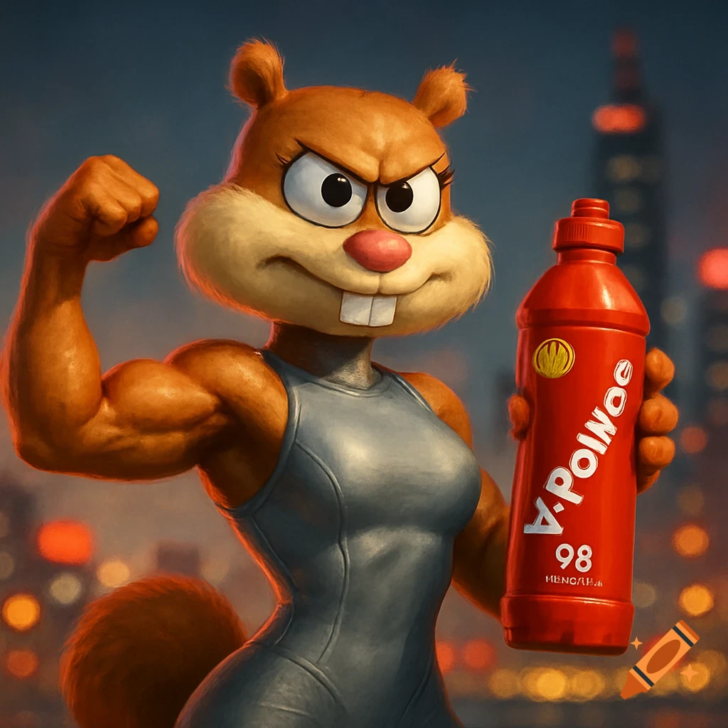 Muscular Sandy Cheeks flexing her bicep and holding a red water bottle, with a determined expression. City lights blur in the background.