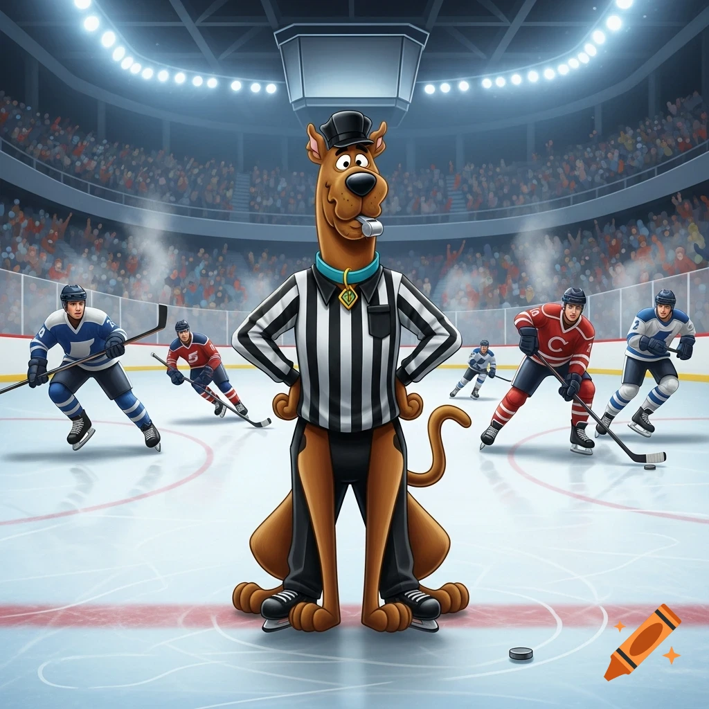 Scooby-Doo as a hockey referee on the ice rink with hockey players in a brightly lit arena, cartoon style.