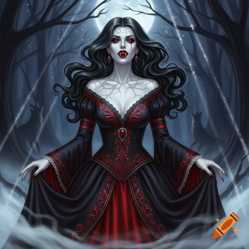 A pale vampire woman with long black hair, red eyes, and fangs, in a black and red gothic dress, stands in a misty dark forest with a full moon.