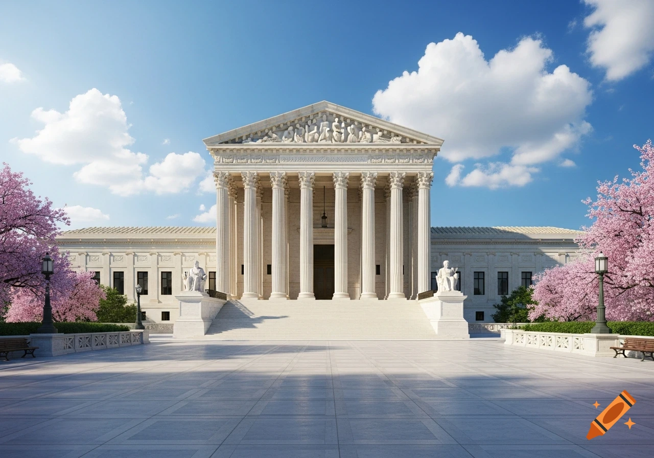 Photorealistic depiction of the U.S. Supreme Court building, a grand white marble structure with columns, set against a blue sky with cherry blossoms.