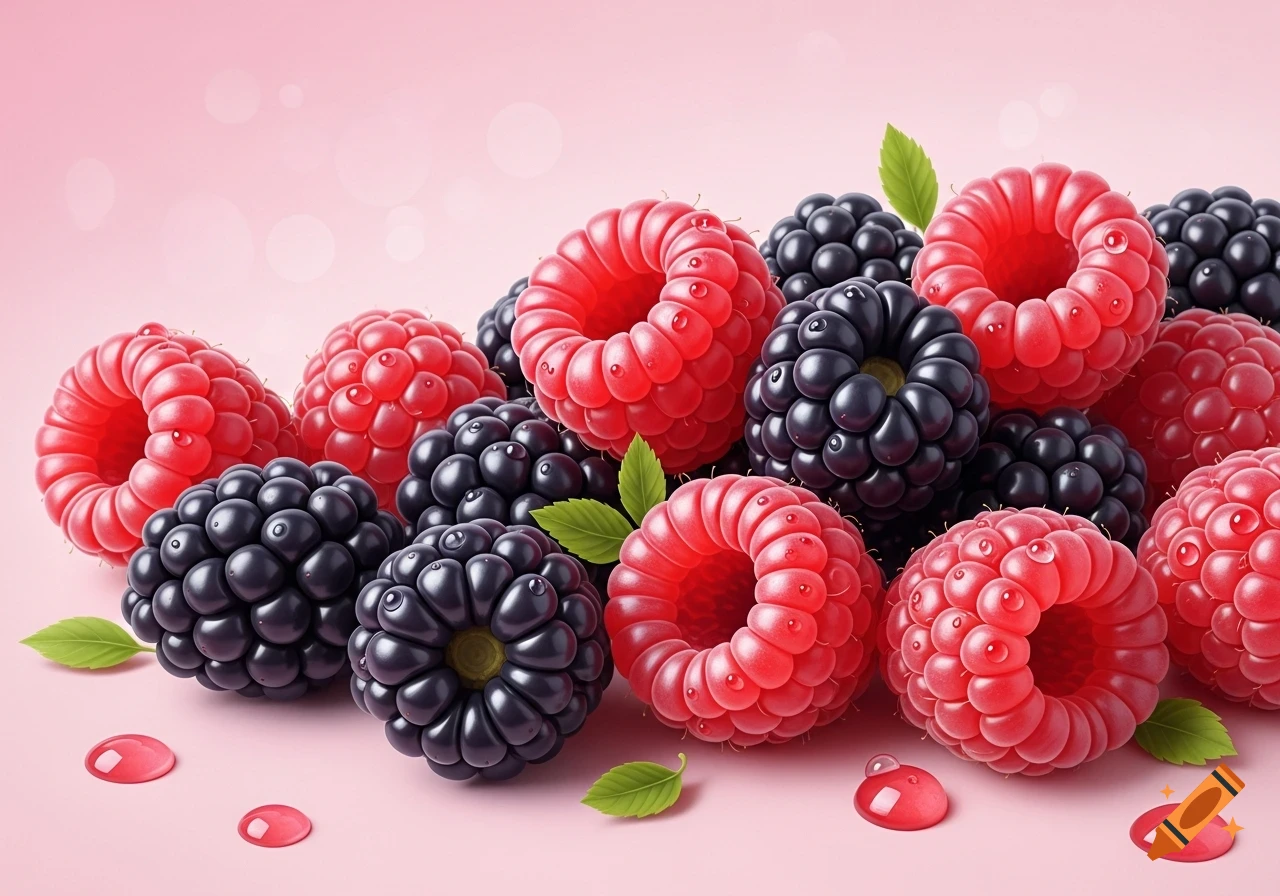 A close-up of fresh red raspberries and dark blackberries scattered on a light pink background with small green leaves and water droplets.