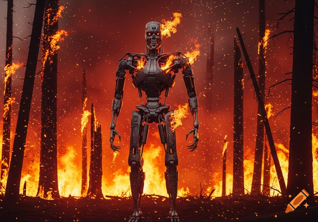 A photorealistic image of a metallic, skeletal Terminator robot standing in a burning forest with bright flames and embers.