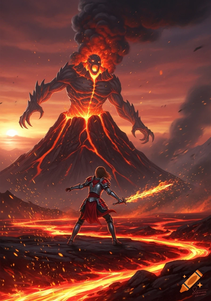 A female knight with a glowing sword faces a giant lava monster emerging from a volcano in a fiery landscape.
