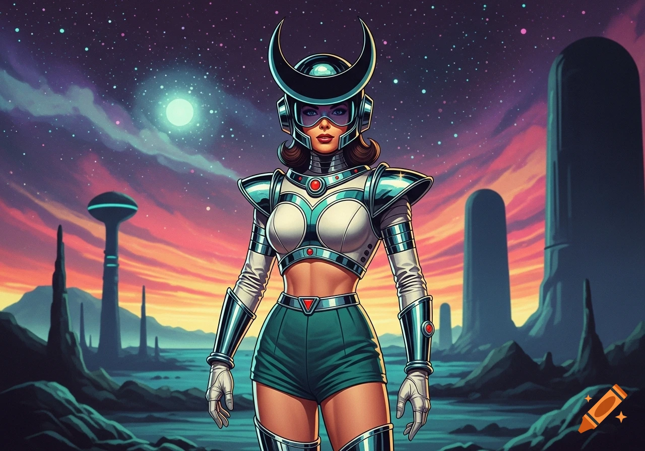 A retro-futuristic sci-fi warrior woman in a crescent helmet and chrome armor stands on an alien planet at sunset.