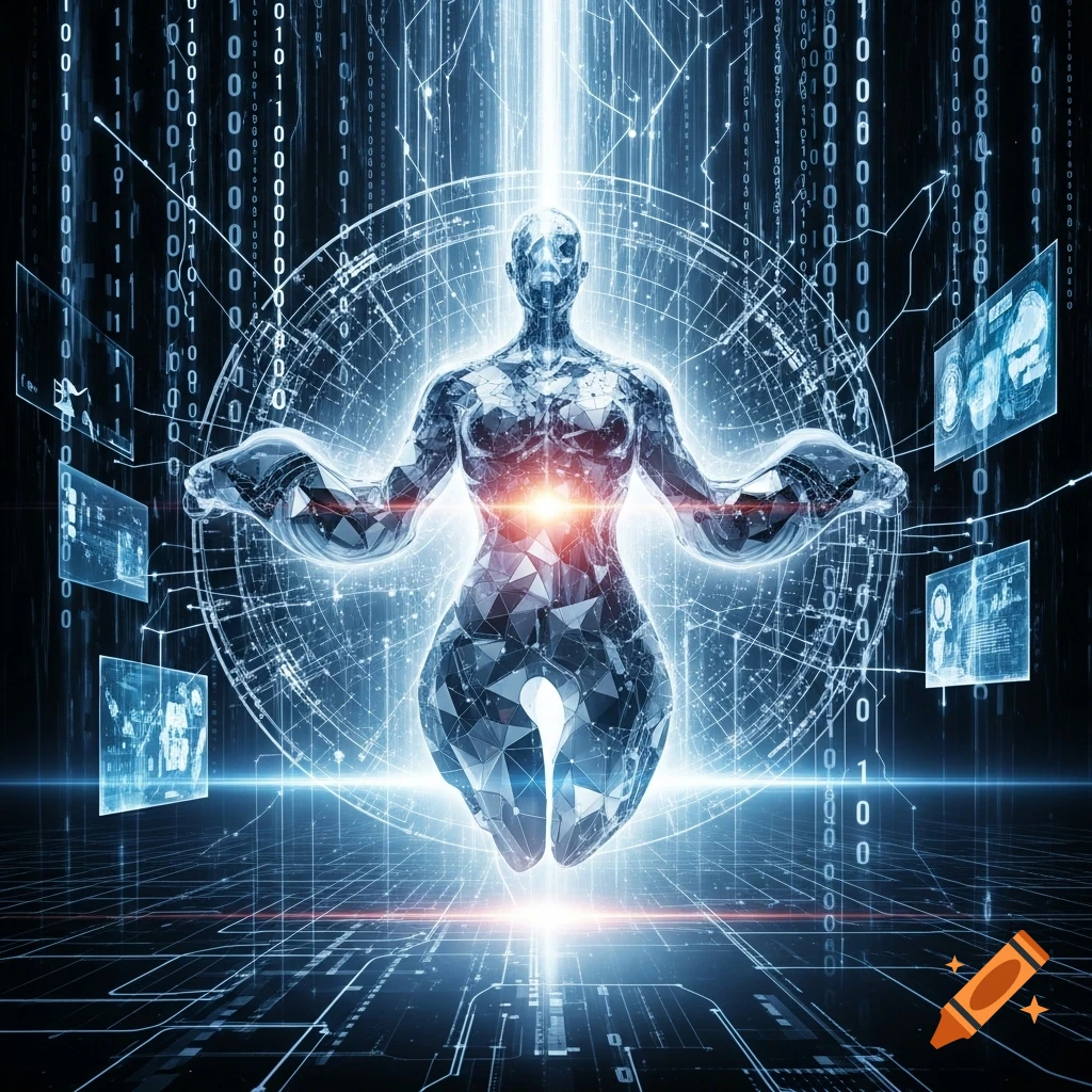 Crystalline, floating humanoid figure with a glowing core, surrounded by binary code and circuit patterns in a futuristic digital style.