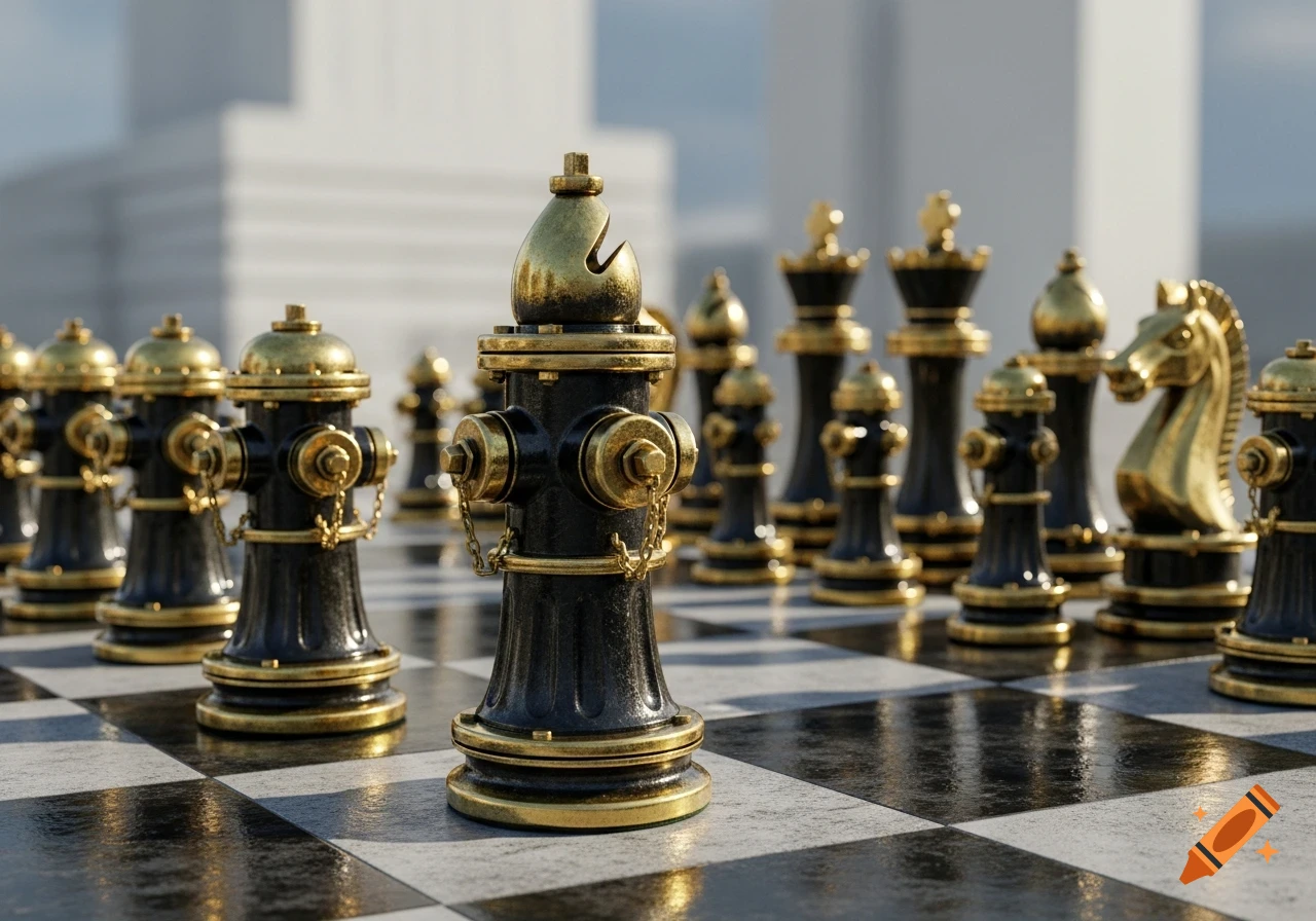 A photorealistic chess set where pieces are black and gold fire hydrants, with a bishop piece in the foreground on a checkered board.