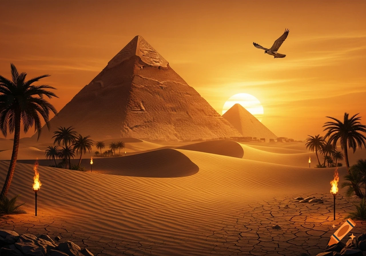 Two large pyramids rise from a vast desert with sand dunes and palm trees under a vivid orange sunset, with a hawk flying.