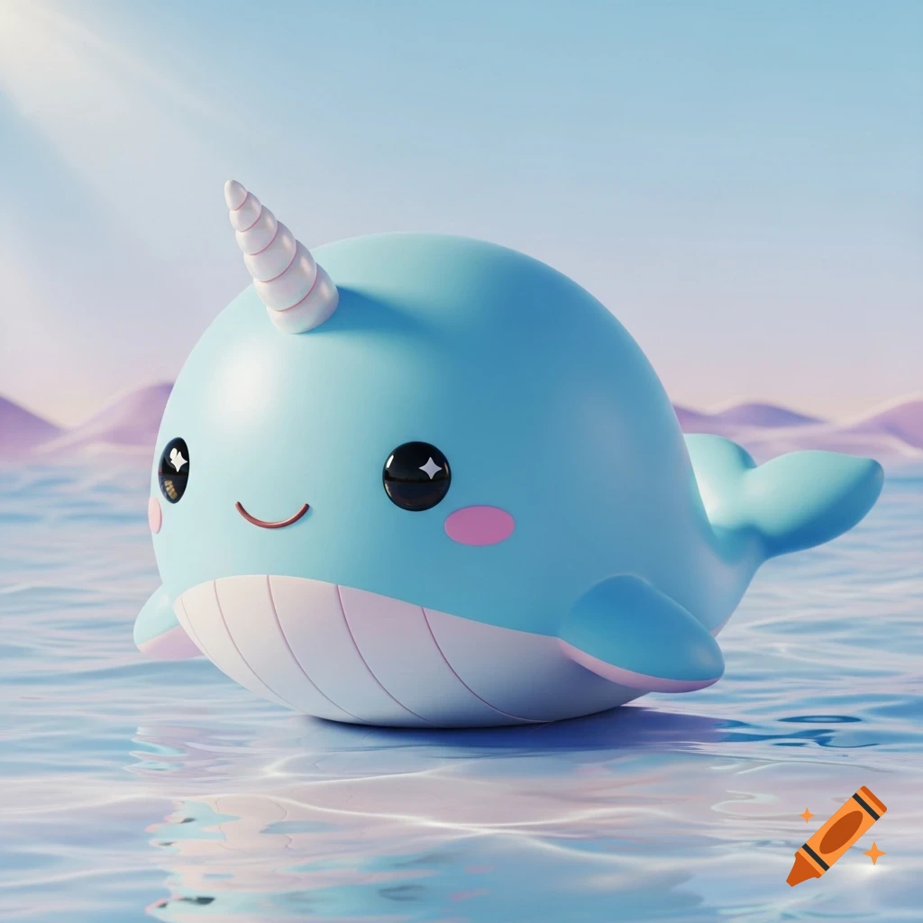 A cute, light blue 3D rendered narwhal toy with a small horn floats on calm water under a clear sky.