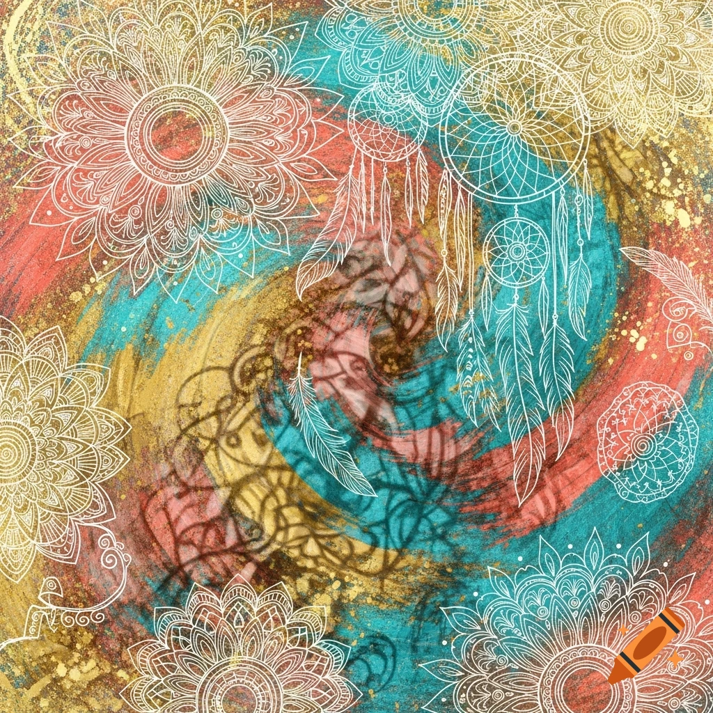 Abstract boho background with white outline mandalas and dreamcatchers over textured teal, coral, and gold brushstrokes with glitter.