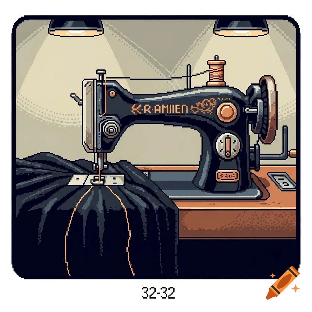 Pixel art of a vintage sewing machine stitching black fabric under bright lamps.