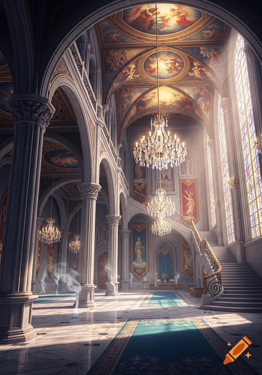 A grand fantasy castle interior with towering arches, ornate chandeliers, a sweeping staircase, and frescoed ceilings, bathed in sunlight.