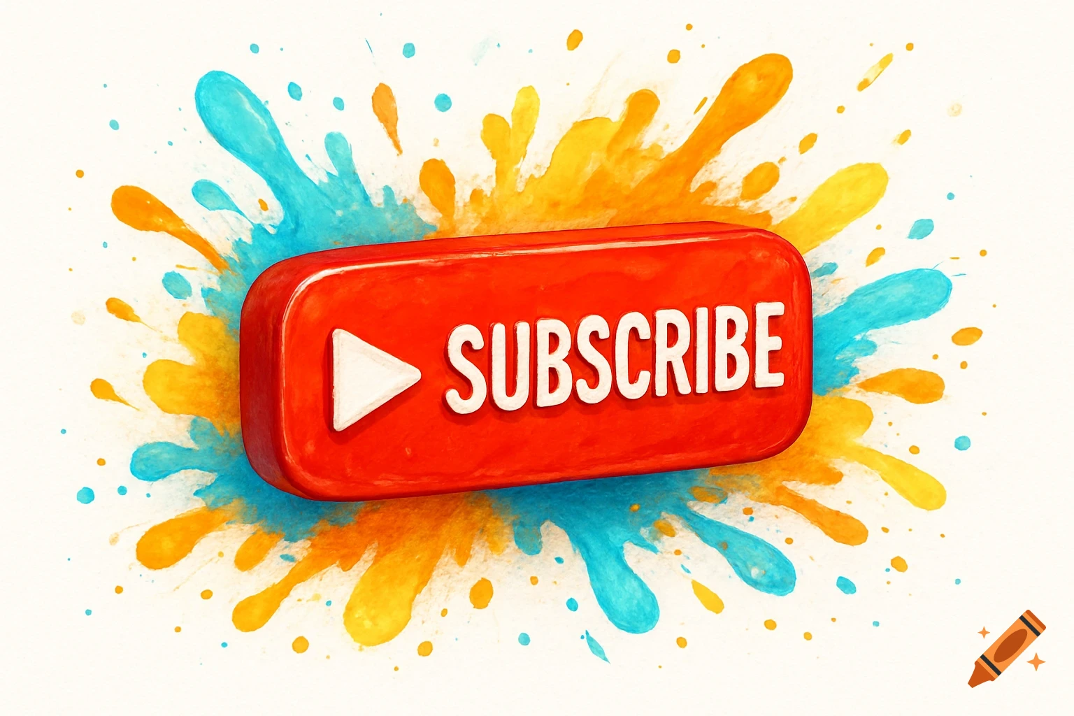 A red 'SUBSCRIBE' button with a white play icon, surrounded by blue and yellow watercolor splashes on a white background.