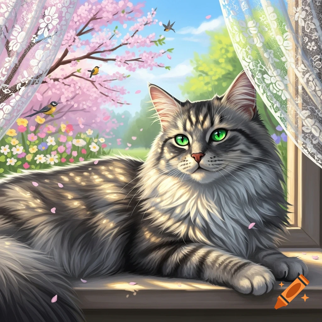 Fluffy grey cat with green eyes on a window sill, looking out at a spring garden with pink cherry blossoms and birds.