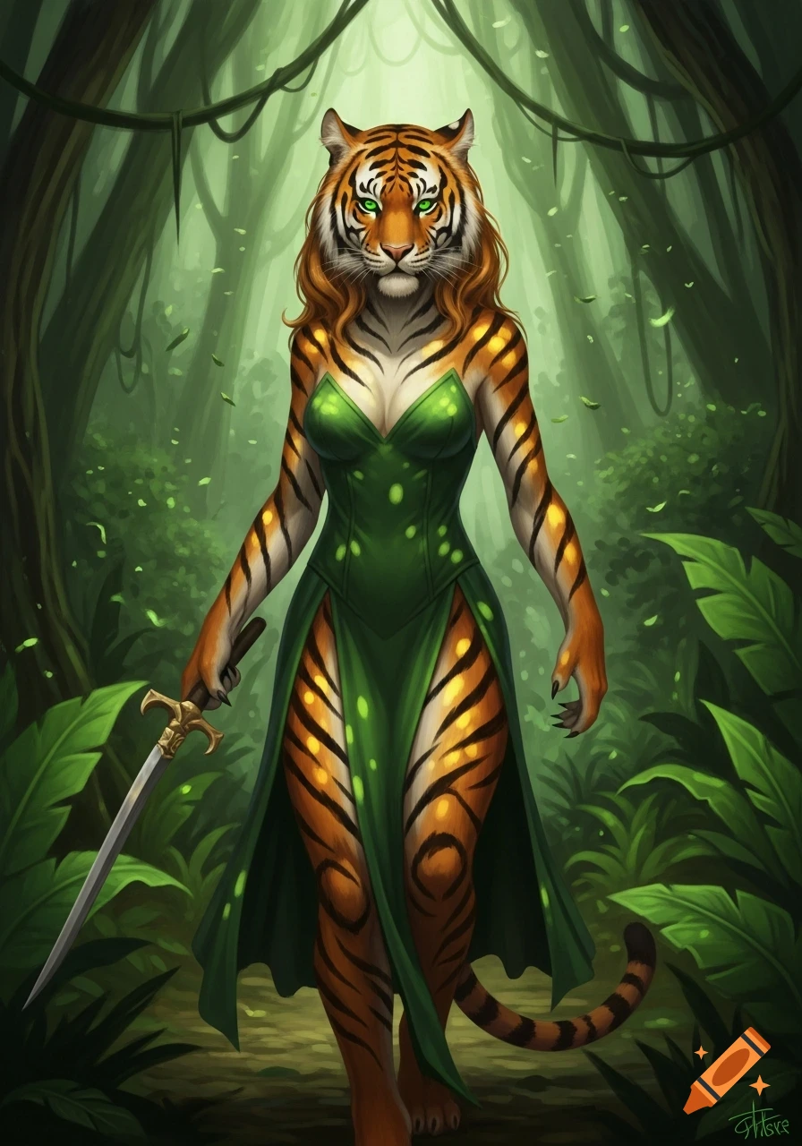 A striking fantasy art depiction of a tiger woman with green eyes, wearing a flowing green dress, walking through a lush jungle while holding a sword.