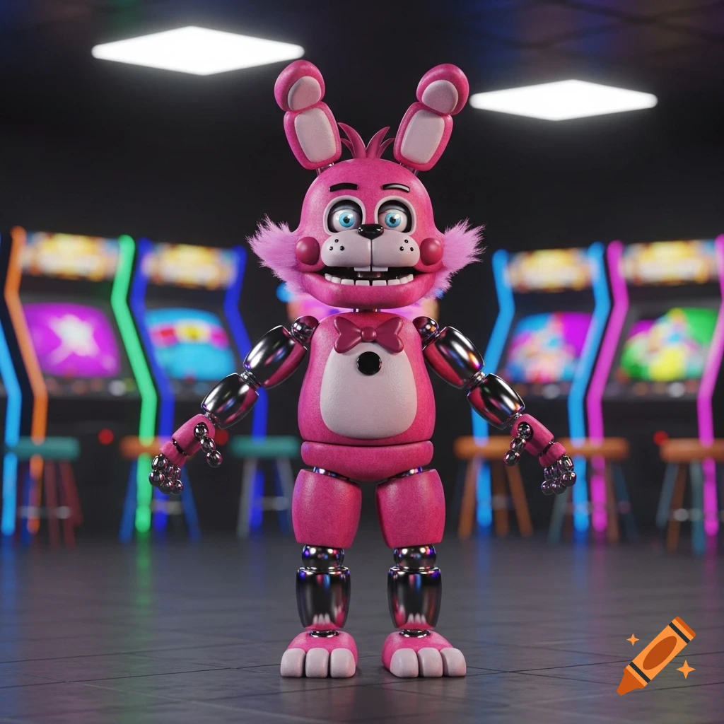 A pink animatronic bunny robot with a bow tie stands in an arcade with game machines in the background.
