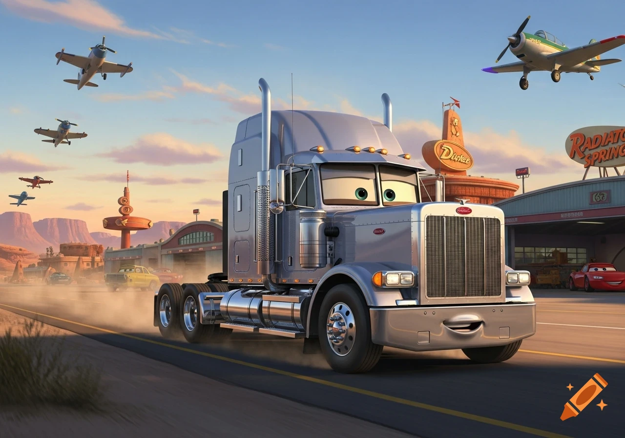 A silver animated semi-truck with eyes on its windshield drives down a desert road past other cars, buildings, and flying airplanes under a blue sky at sunset, in the style of Pixar's Cars.