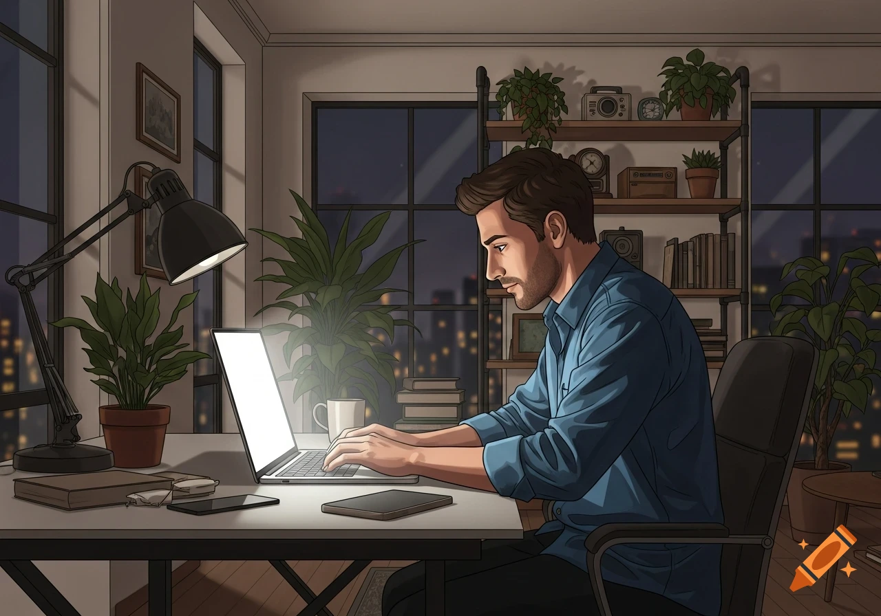 An illustration of a man with a beard, wearing a blue shirt, working on a laptop at a desk in a dimly lit room at night.